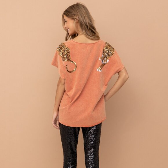 Tiger Sequin Patch Short Sleeve Top - Picture 2 of 6